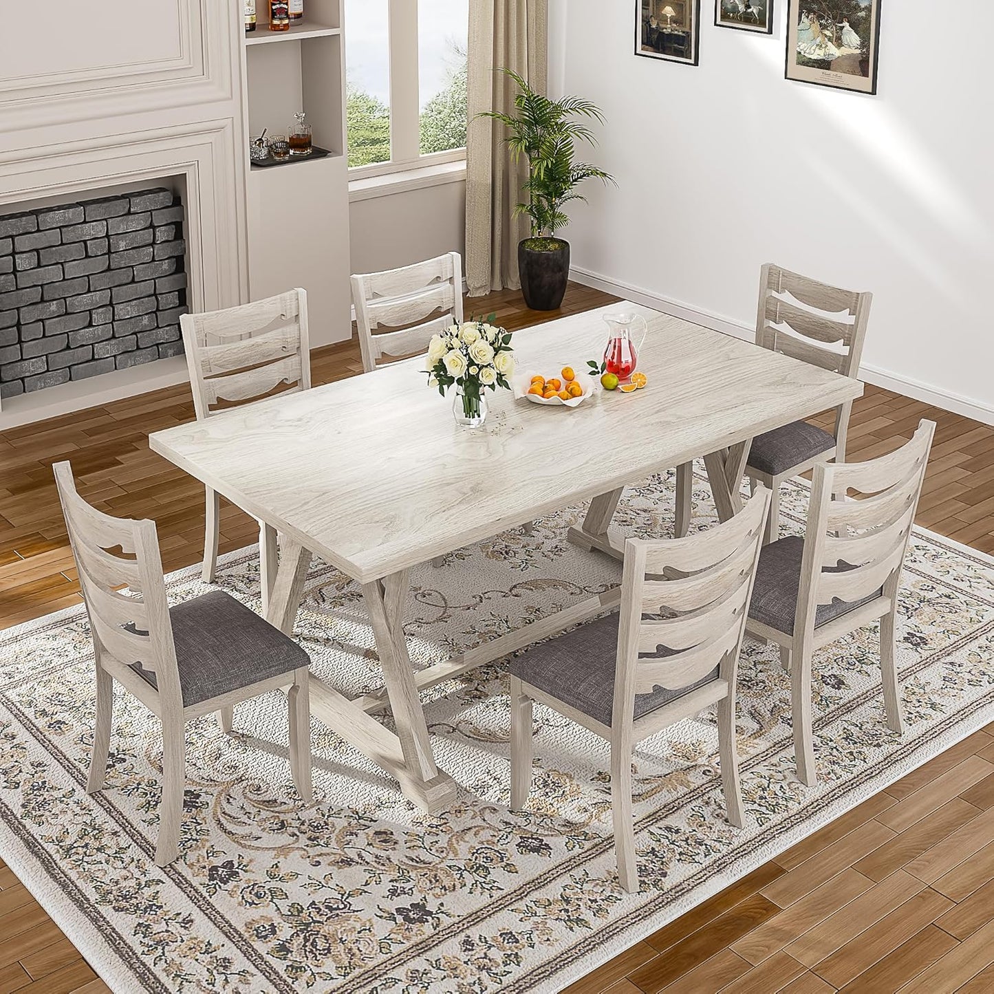 7-Piece Solid Wood Dining Table Set with 6 Upholstered Chairs - Modern Design for Kitchen & Small Spaces, for Dining Room, Kitchen, Washed Gray