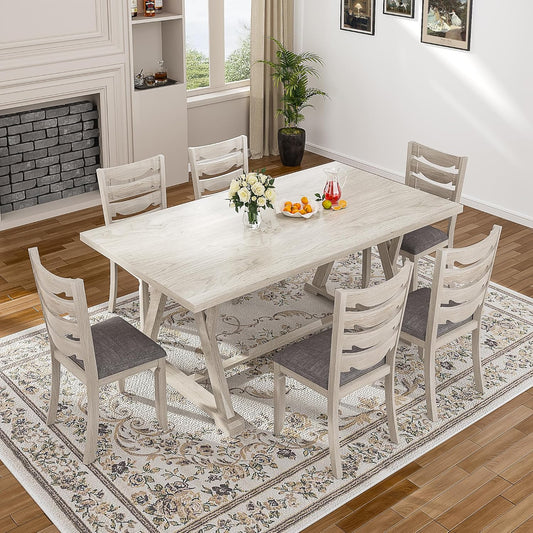 7-Piece Solid Wood Dining Table Set with 6 Upholstered Chairs - Modern Design for Kitchen & Small Spaces, for Dining Room, Kitchen, Washed Gray