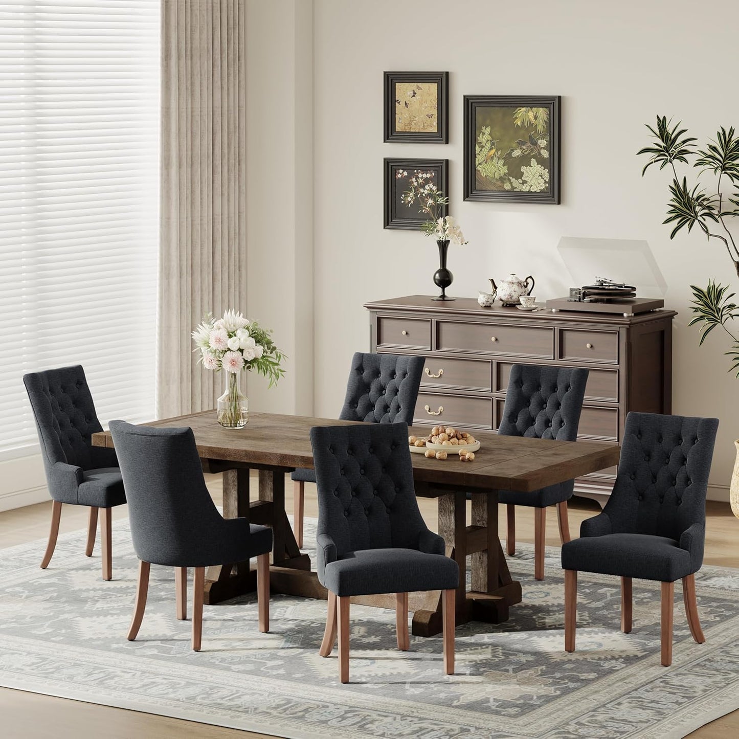 COLAMY Fabric Side Dining Chairs Set of 6, Wingback Upholstered Dining Room Chairs with Tufted Button, Living Room Chairs for Home Kitchen, Black