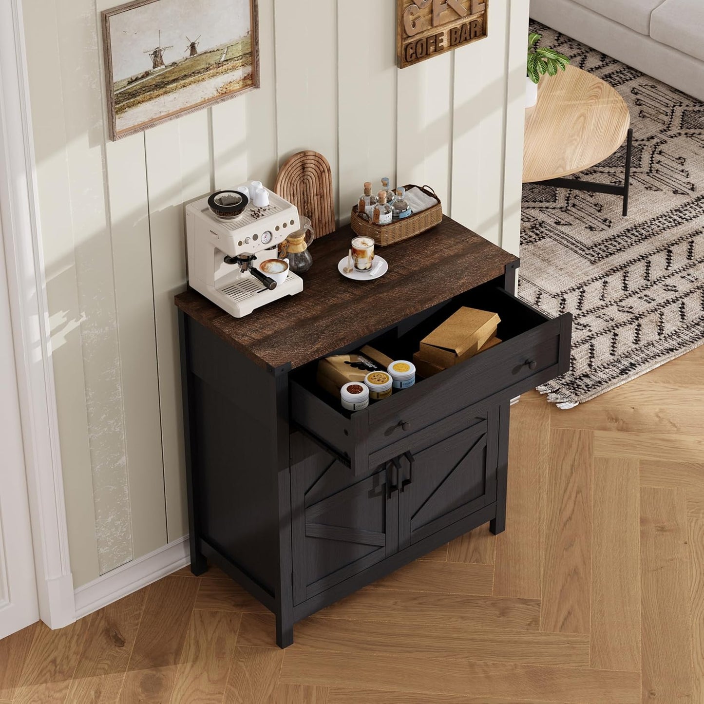 ChooChoo Kitchen Storage Cabinet, Coffee Bar Cabinet, Farmhouse Buffet Sideboard with Drawer for Kitchen, Living Room, Black
