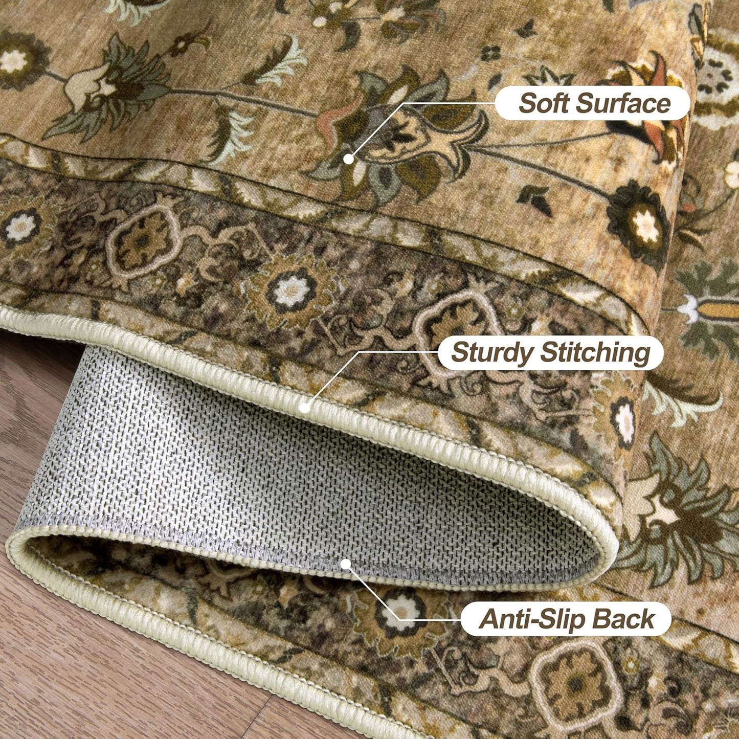 Floral Runner Rug 2x5 Washable for Hallway, Non-Slip Vintage Boho for Entryway Indoor, Brown Print Carpet Runner, Soft Low Pile Long Rug for Kitchen Bedroom