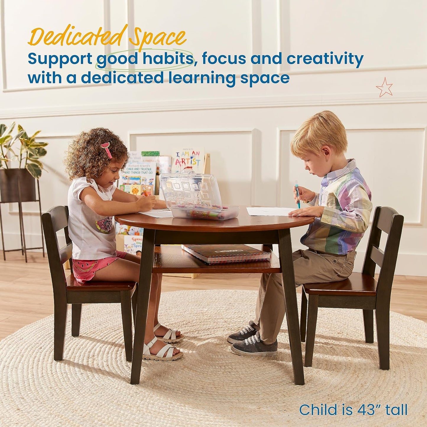 ECR4Kids Hideaway Table and Chair Set, Kids Furniture, Dark Walnut/Grey Wash, 3-Piece