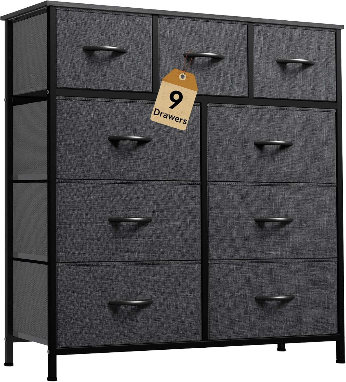 DWVO 9 Drawers Dresser for Bedroom, Fabric Storage Tower for Living Room, Entryway - Sturdy Steel Frame, Wooden Top & Easy Pull Fabric Bins