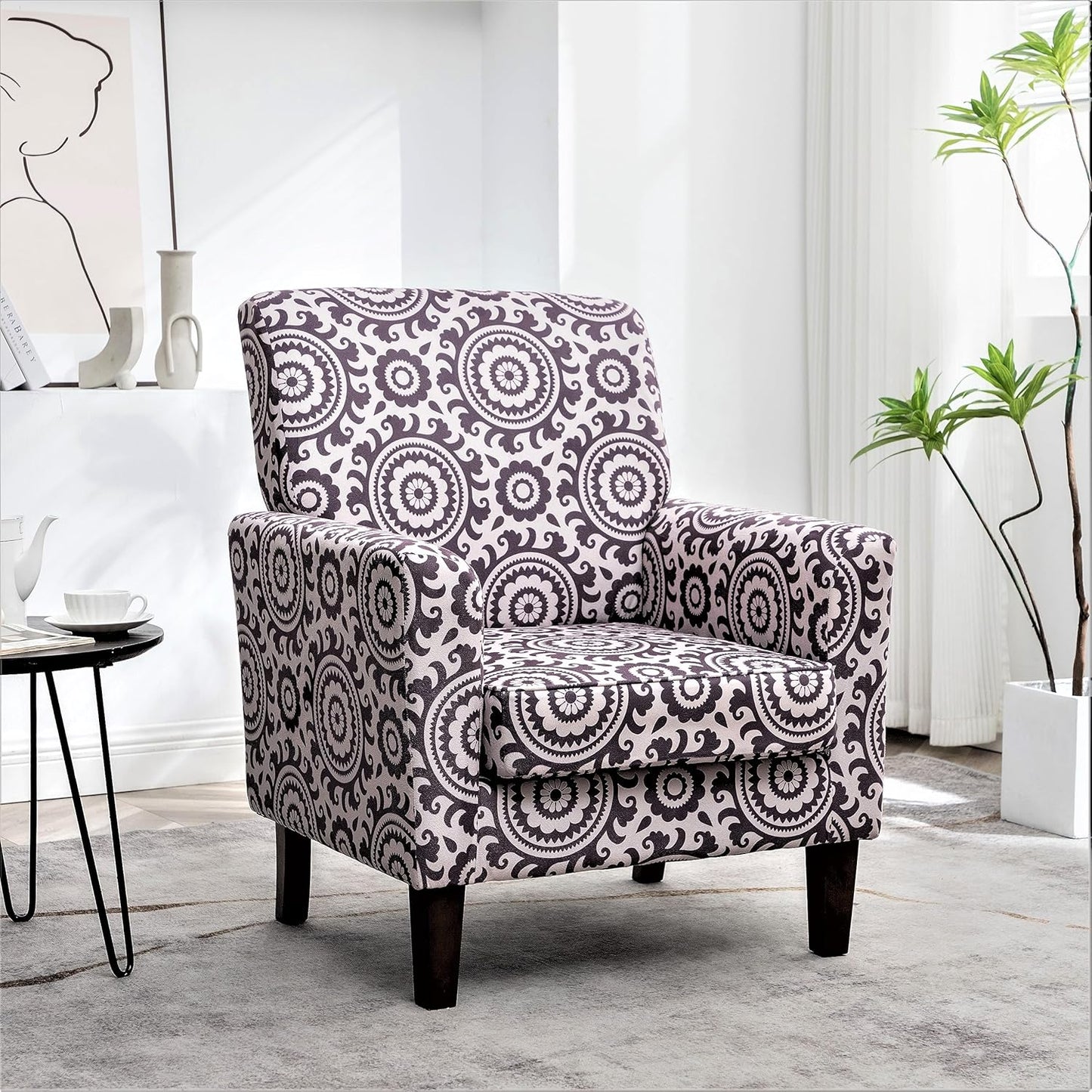 Container Furniture Direct Contemporary Accent Arm Chair with Birch Wood Frame and Velvet Upholstery, Armchair for Office and Living Room Decor, Removable Cushions, 02 Printed Fabric
