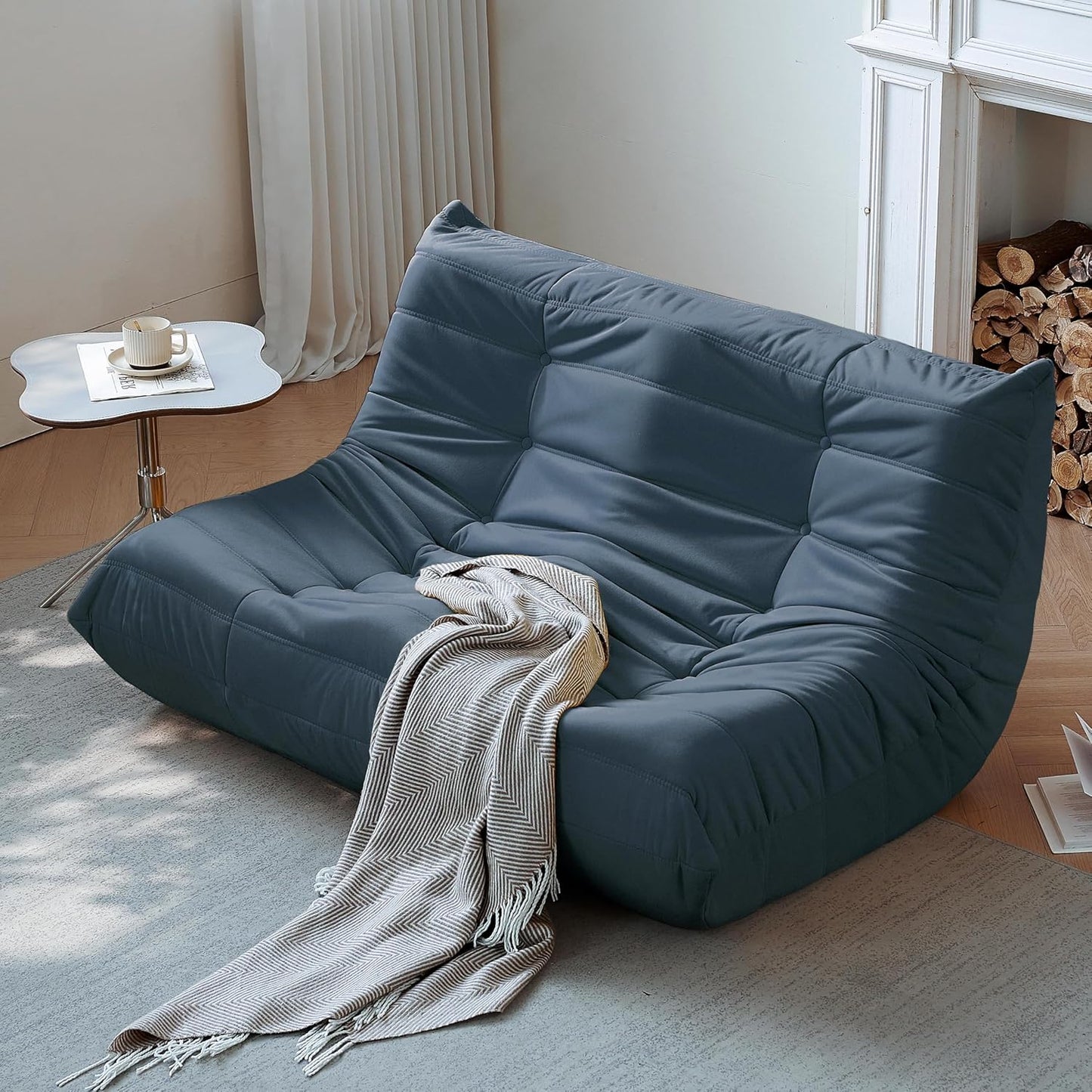 Bean Bag Chair, Loveseat Fireside Chair Bean Bag Sofa for Adults, 2 Seater Bean Bag Chairs for Teens with High-Resilience Foam, Memory Foam Bean Bag for Living Room, Bedroom, Office (Suede, Dark Blue)