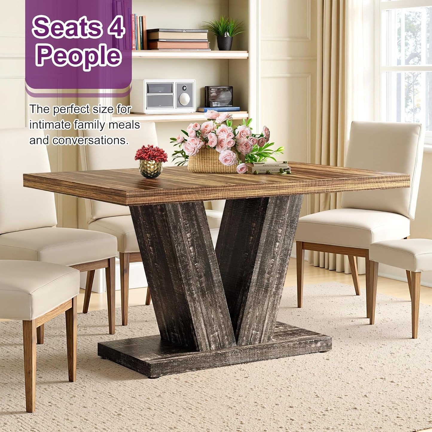 47" Dining Table, Wooden Kitchen Dinner Table Heavy Duty, Farmhouse Table for Dining Room, Living Room Space Saving, Black