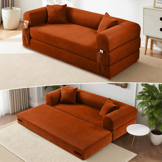 80" Convertible Sofa Bed, Corduroy Deep Seat Folding Pull Out Couch with Pillows, No Assembly Modern Boneless Couch Compression Sofa in Box, Floor Sofa with Storage Pocket for Living Room, Orange