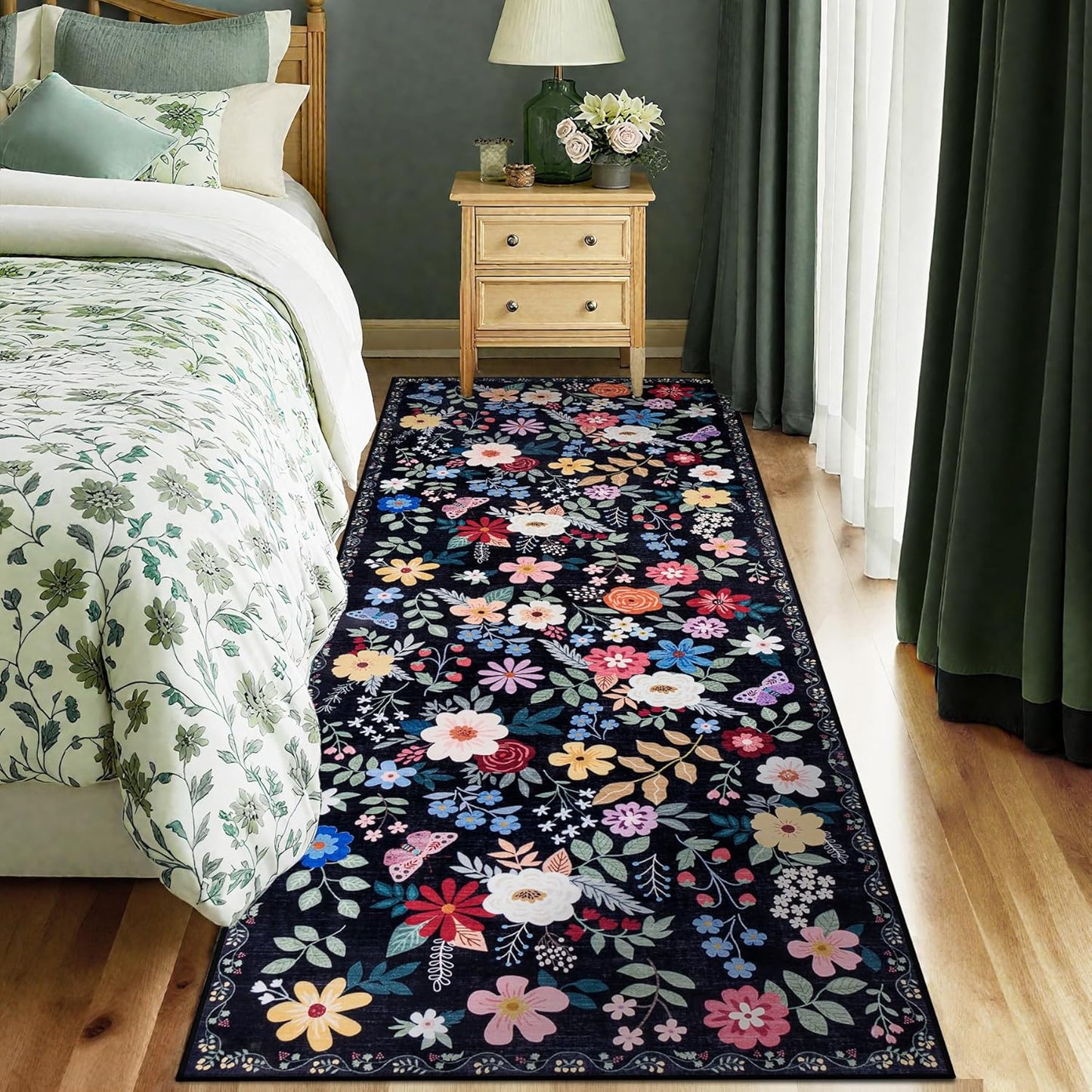 Runner Rug for Entryway: 2x10 Kitchen Rugs Non Slip Washable Ultra-Thin Soft Floral Carpet Indoor Floor Stain Resistant Carpets for Hallway Bedroom Kitchen Laundry Bathroom Dorm Black