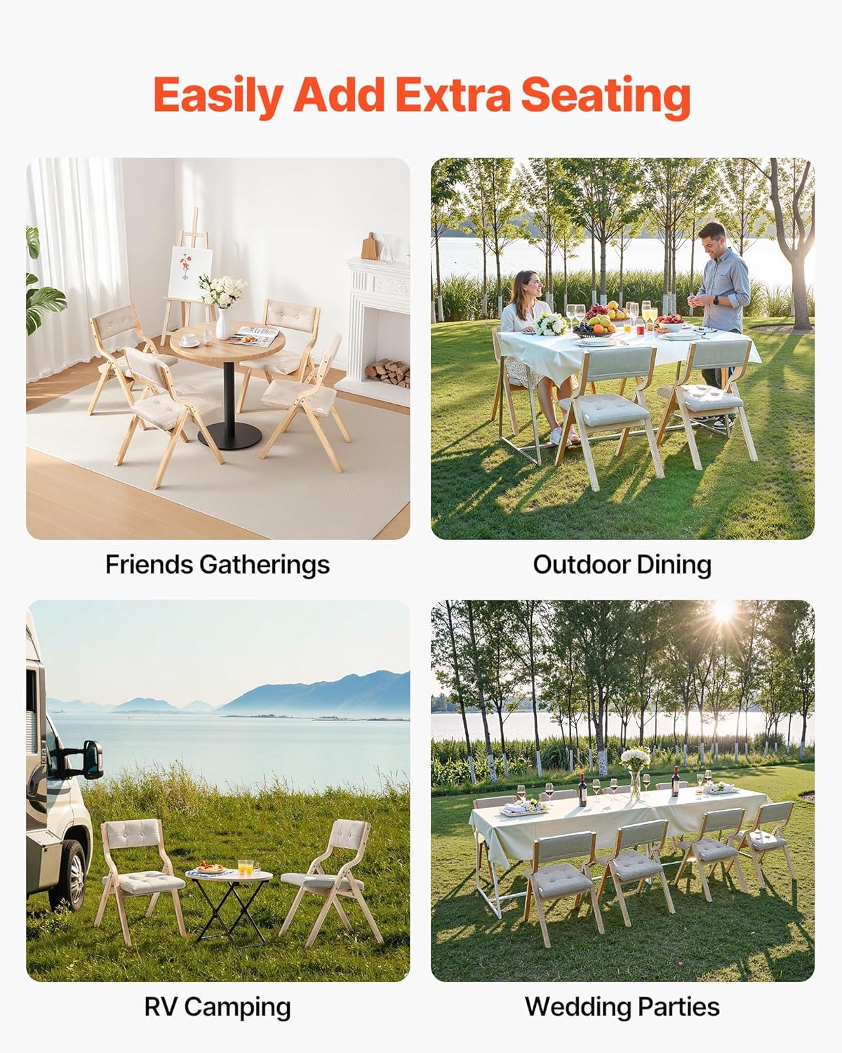 VEVOR Wooden Folding Chairs with Cushion, Set of 2, Portable Foldable Cushion Chair with Wooden Frame, Modern Padded Dining Chair for Kitchen, Office, Wedding, Party, Dining Room, Easy Assembly, Beige