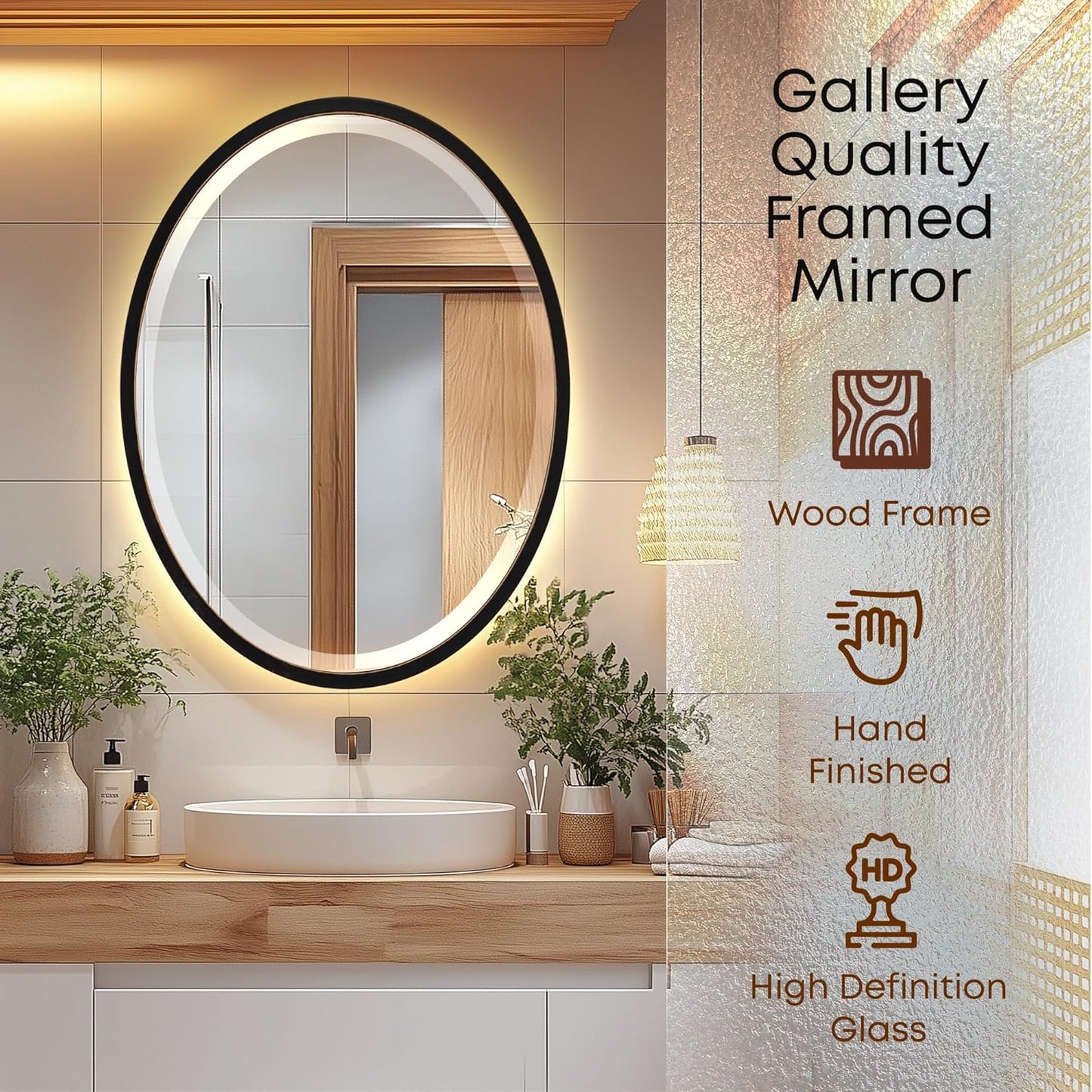 OVALCREST - Oval Wooden Beveled Wall Mirror for Home Decor, Bathroom, Vanity, Bedroom, Living Room, Hallway - London Style (Rubbed Black) 17.1 x 21.1