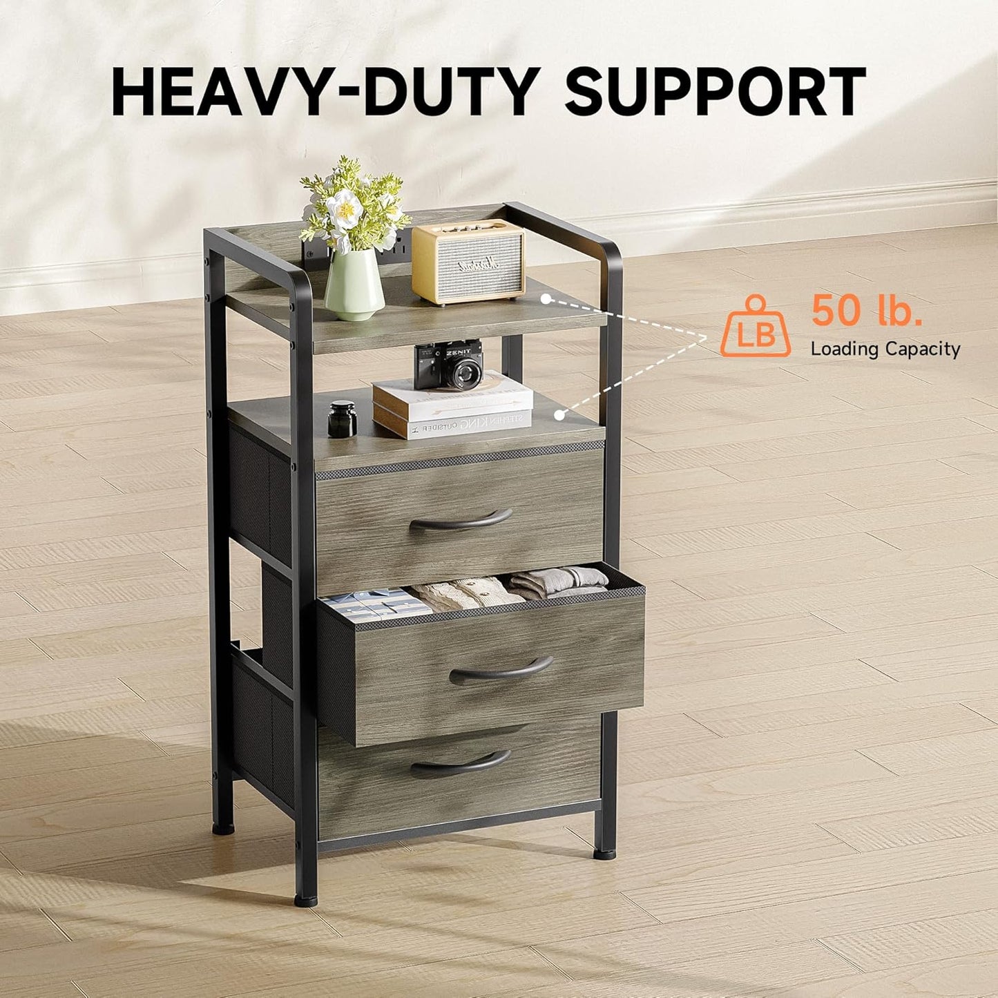 Night Stand with Charger Station - Grey Nightstand with LED Light Strip, Morden Bedside Table with USB Ports & AC Outlets, End Table with Storage Shelf & 3 Fabric Drawers