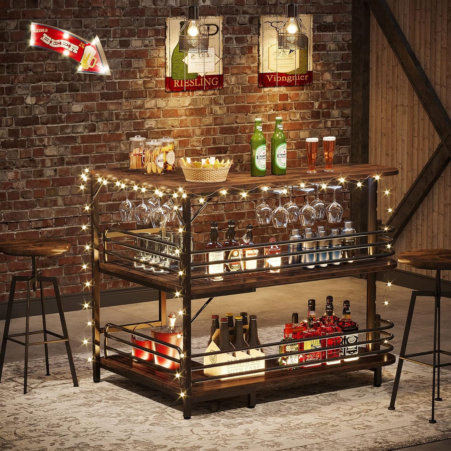 Tribesigns L-Shaped Home Bar Unit, 3 Tier Liquor Table With Storage Shelves and Wine Glasses Holder, Industrial Corner Wine Cabinet Mini Bar for Home Kitchen Pub, Rustic Brown