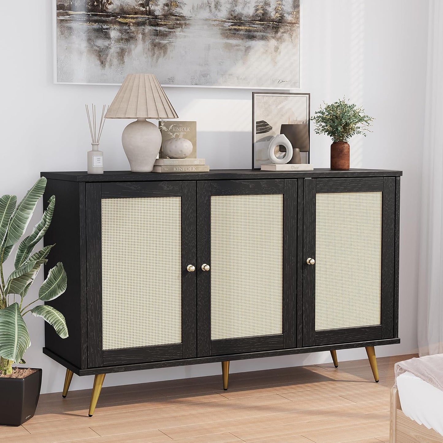 Shintenchi Large Rattan Storage Cabinet, Modern Sideboard Cabinet, Accent Large Storage Space Cabinet with Rattan Decorated Doors for Living Room, Dining Room, Black
