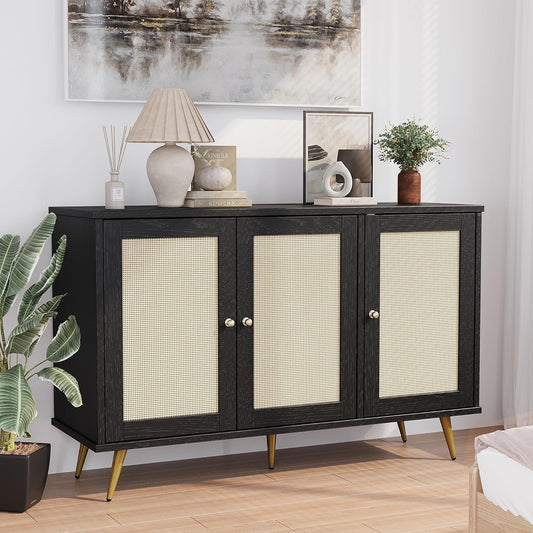 Shintenchi Large Rattan Storage Cabinet, Modern Sideboard Cabinet, Accent Large Storage Space Cabinet with Rattan Decorated Doors for Living Room, Dining Room, Black