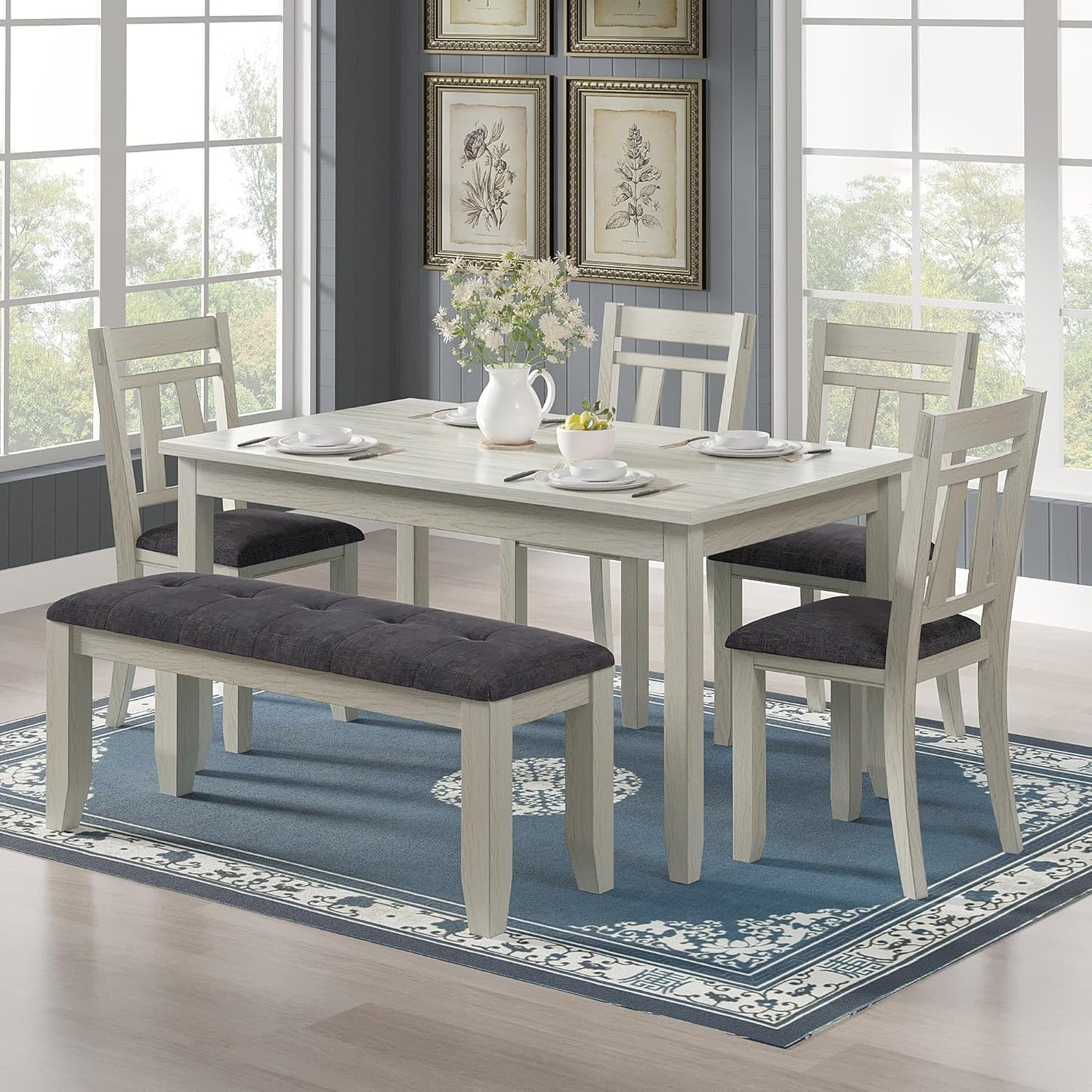 6-Piece Solid Wood Dining Table Set for 6, Modern Breakfast Dinette Kitchen Table with Bench & Chairs for Dining Room, Kitchen, Grey