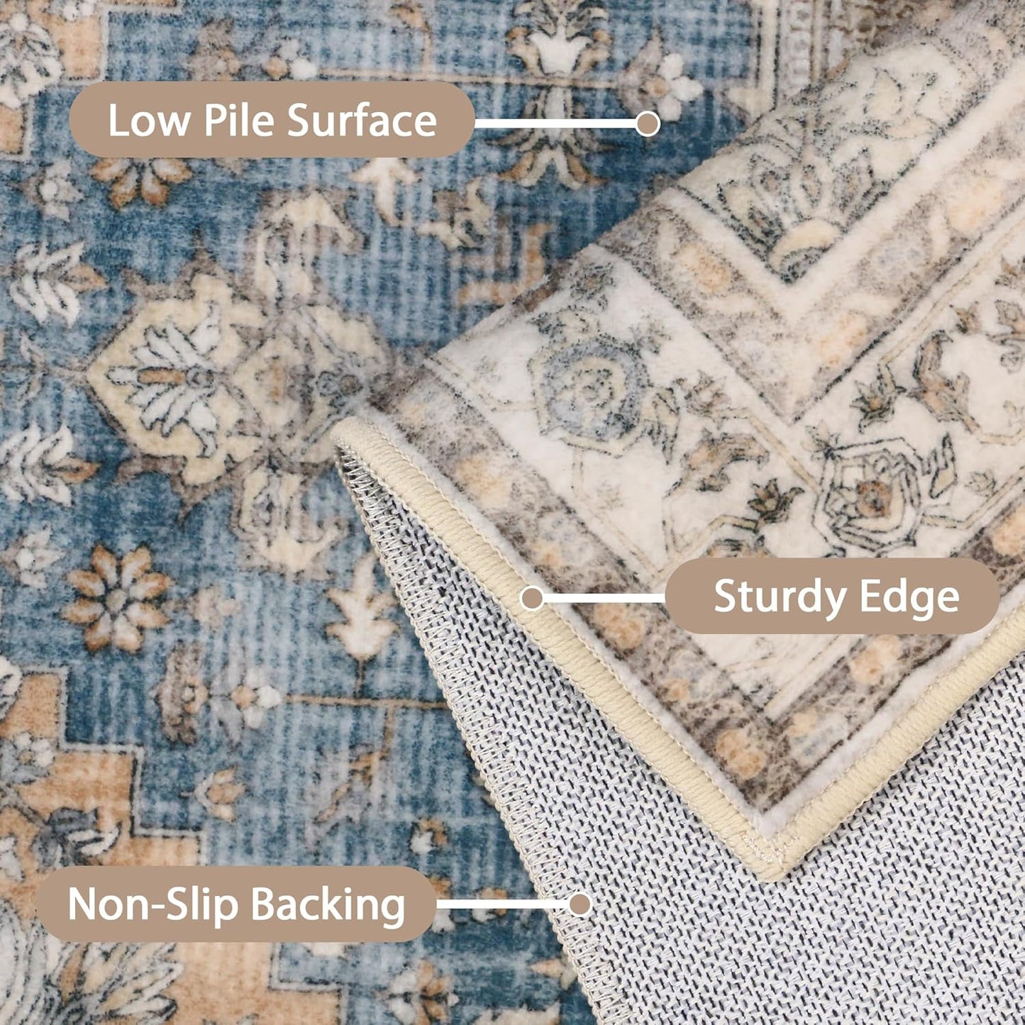GENIMO 9x12 Area Rugs for Living Room, Non Slip Machine Washable Vintage Rugs, Low Pile Lightweight Chenille Print Large Rug for Bedroom, Dining Room, Home Office, Blue Brown