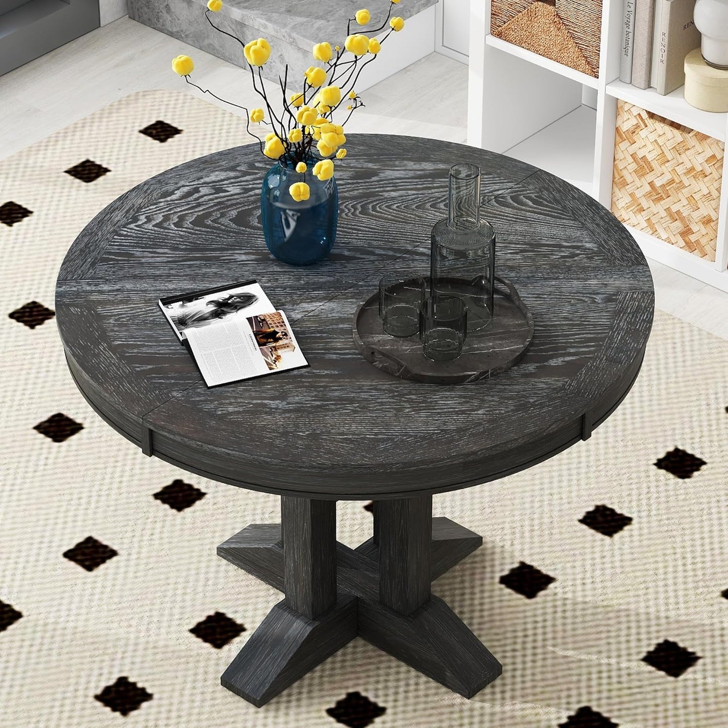 ERYE Mid-Century Modern Functional Extendable Wooden Round Dining Table with 14" Adjustable Leaf and Pillar-Trestle Legs, Wood Oval Dining Table