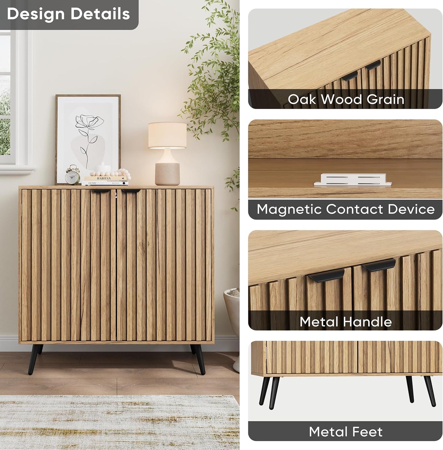 Smuxee Fluted Sideboard Cabinet, Freestanding Natural Buffet Cabinet with Adjustable Shelf, Wood Storage Cabinet for Living Room, Entryway, Hallway