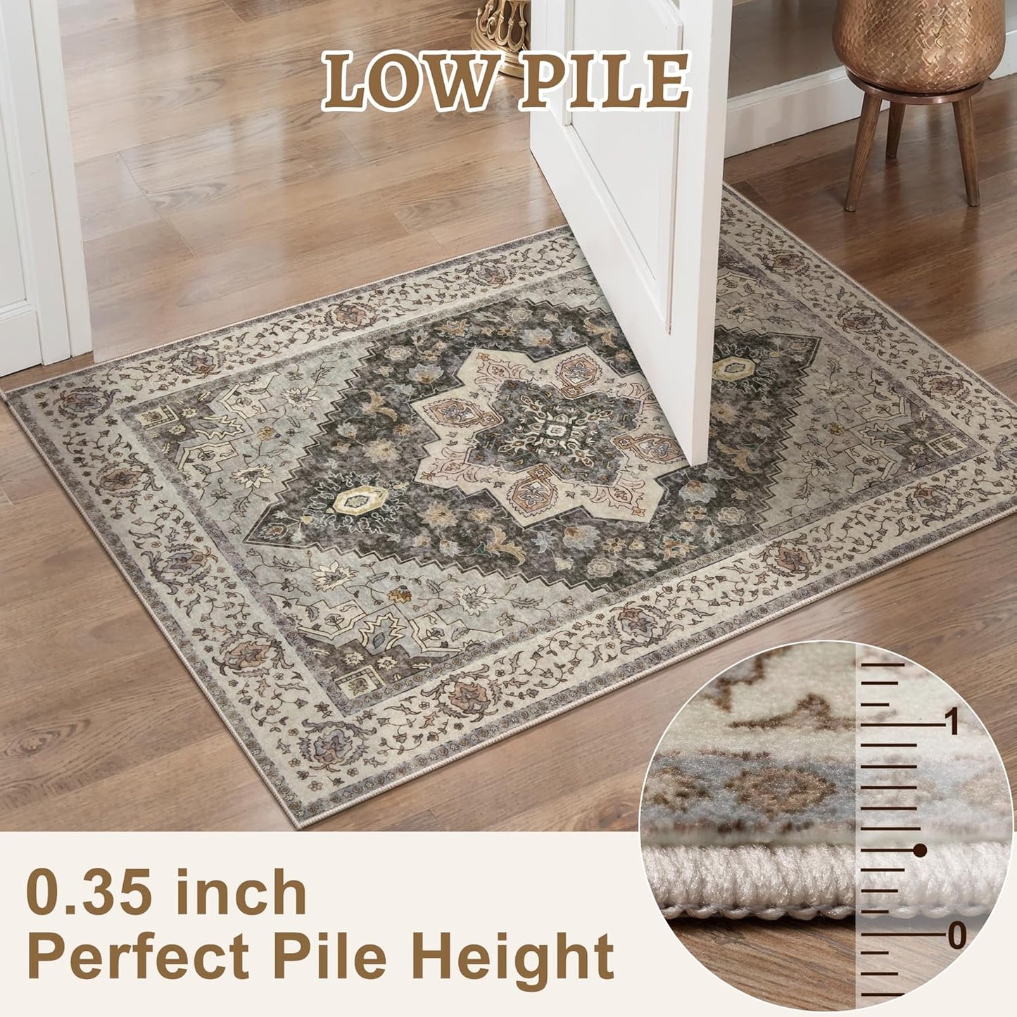 Tangsoo 3x5 Area Rug Vintage Washable Rugs Non Slip, Farmhouse Rugs Indoor Accent Rug Print Distressed Brown Grey Carpet, Soft Low Pile Rug for Living Room Bedside Entryway Bedroom