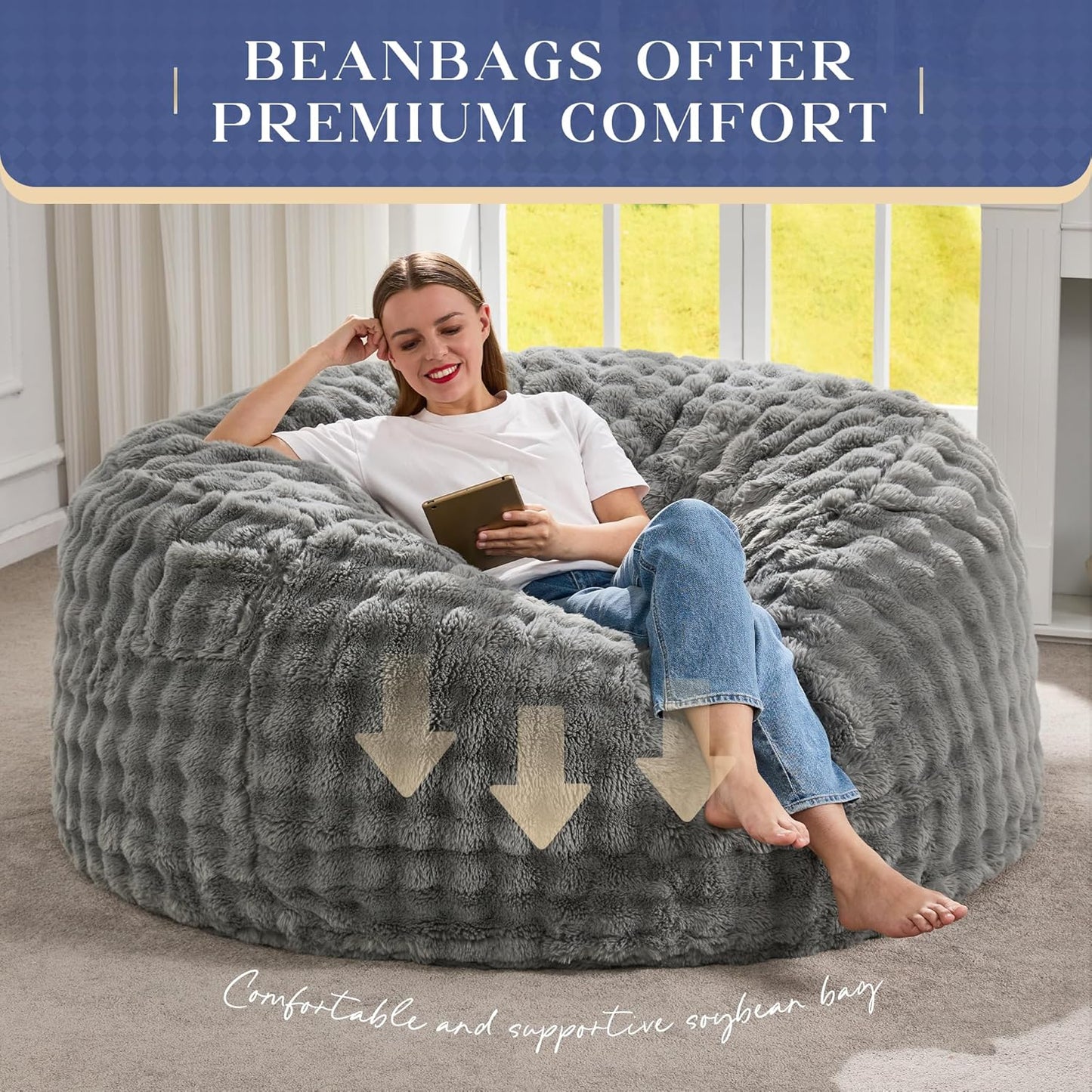 Hobestluk Bean Bag Chairs 5ft Beanbag Chair with Filler Adult Bean Bags with Fluffy & Machine Washable Cover, Giant Bean Bag Chairs for Adults (Grey, 5FT-50" x 50" x 24")