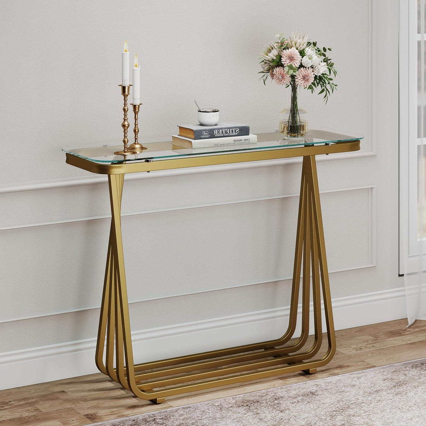 OIOG Glass Console Table for Entryway, Modern Entrance Table with Tempered Glass, Gold Sofa Table for Living Room Hallway