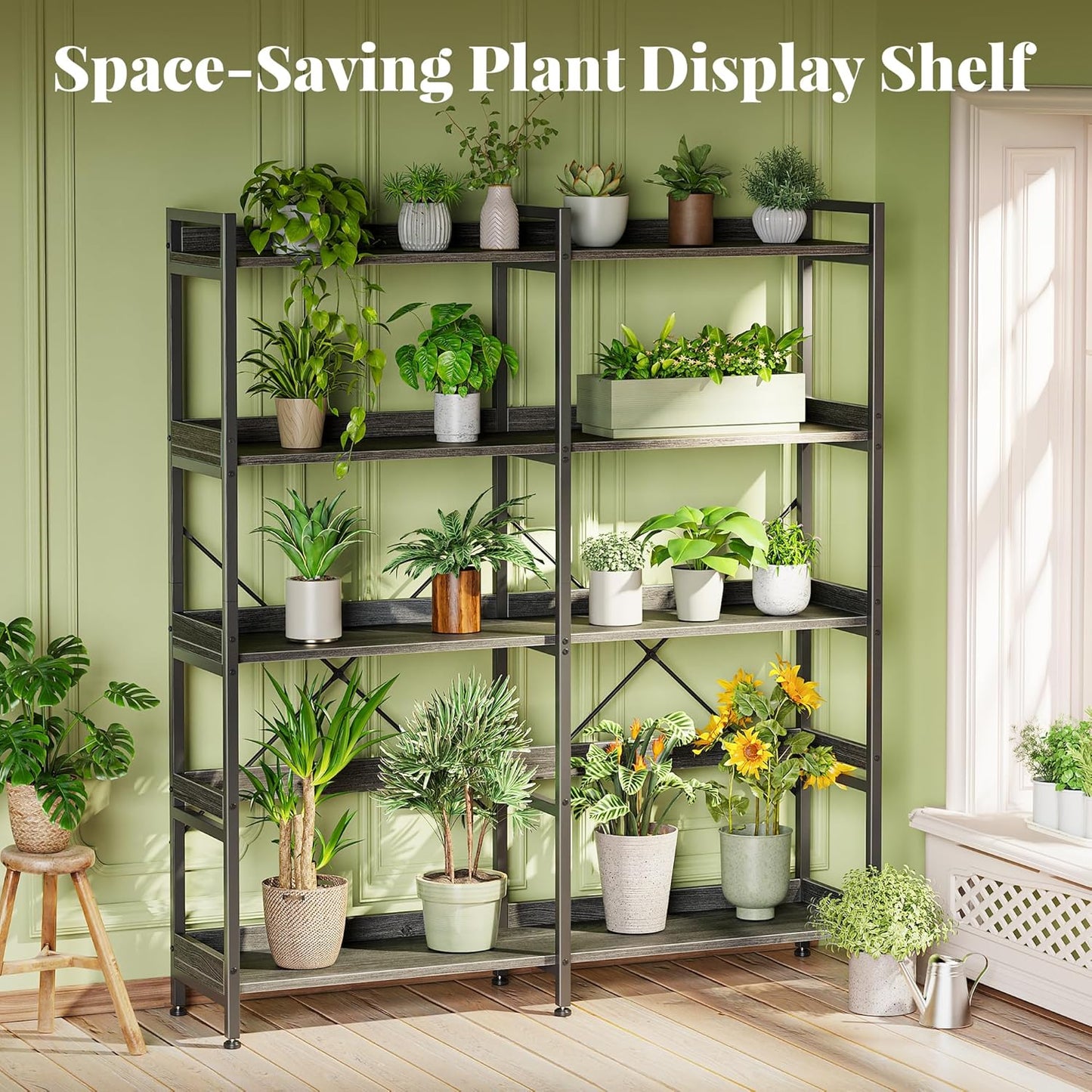 Huuger 5 Tier Bookshelf, Display Bookshelf with 10 Open Shelves and Raised Baffle, 47.2 Inch Straight Wide Bookcase with Metal Frame and Wooden Board, Adjustable Feet, Grey