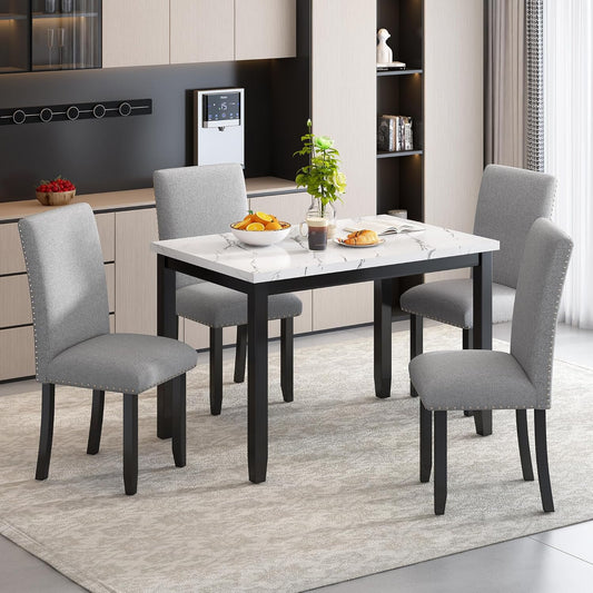 Ball & Cast 5 Piece Dining Table Set with 4 Cushion Chairs,Kitchen Table and Chairs for 4 W/ 45.3" Rectangle Desk,for Restaurant,Home Bistro,White/Light Gray+Black