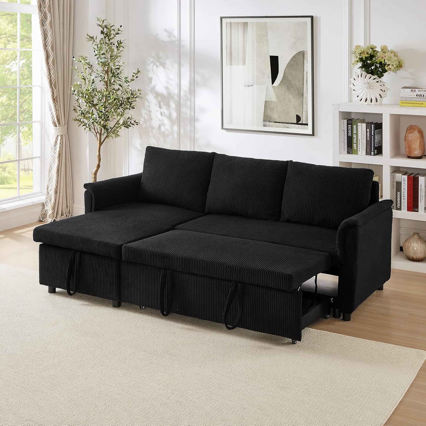Ball & Cast L-Shape Reversible Sectional Sleeper Sofa Bed 4 in 1 Pull Out Couch with Storage Chaise&Removable Backrest,Convertible Sleeper Corner Couch Pull-Out Sofa Bed for Living Room,Corduroy,Black