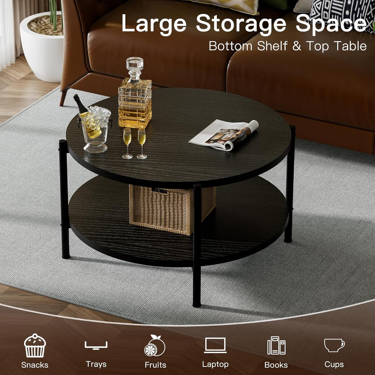 Round Coffee Table, 27.6" Circle Coffee Table for Living Room, 2-Tier Wood Accent Center Table with Open Storage Industrial Design Home Furniture, Black