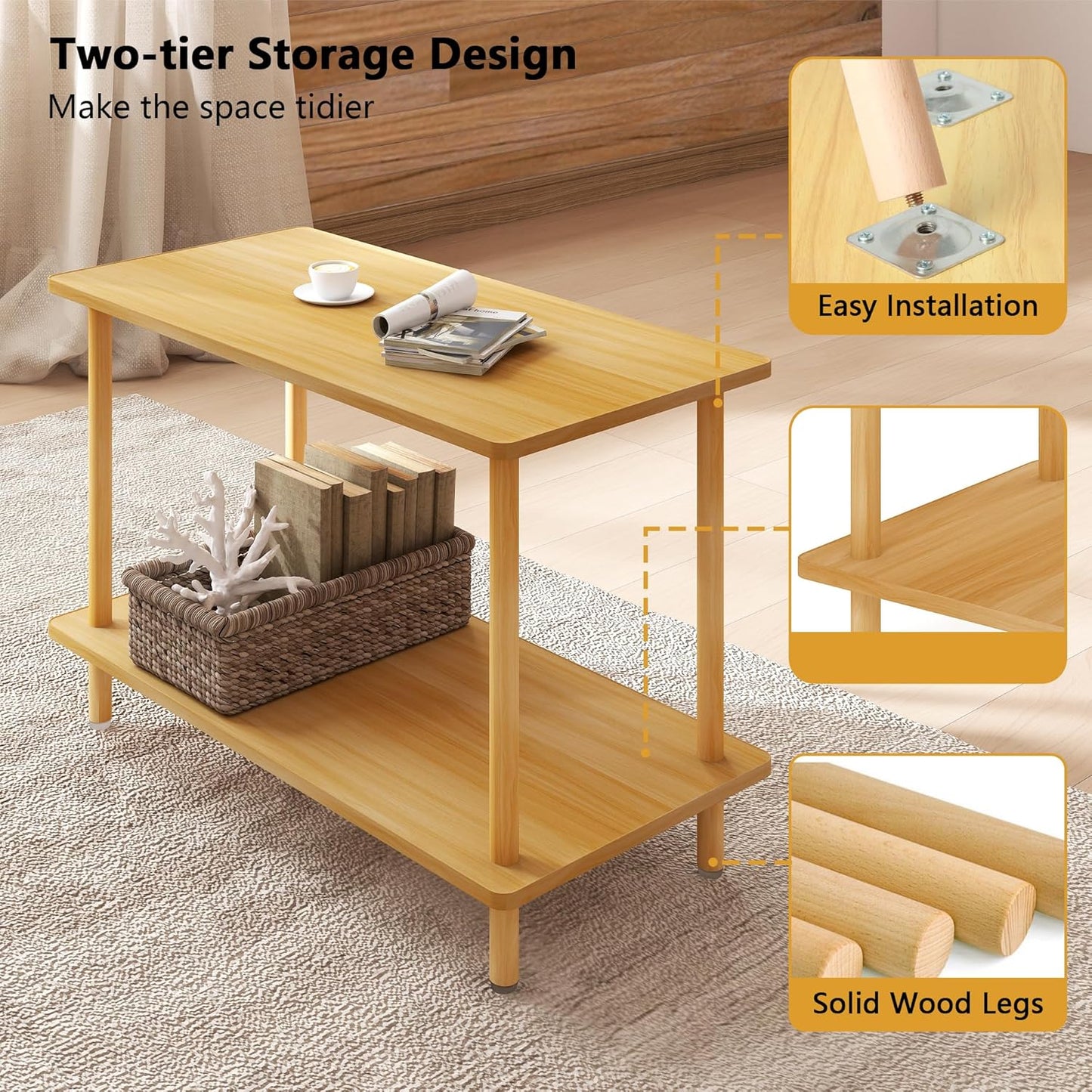 2-Tier End Table,Multi-Layer Side Cabinet with 4 Solid Wood Sturdy Legs for Living Room and Bed Room, Minimalist Modern (31.5"*15.8"*21")