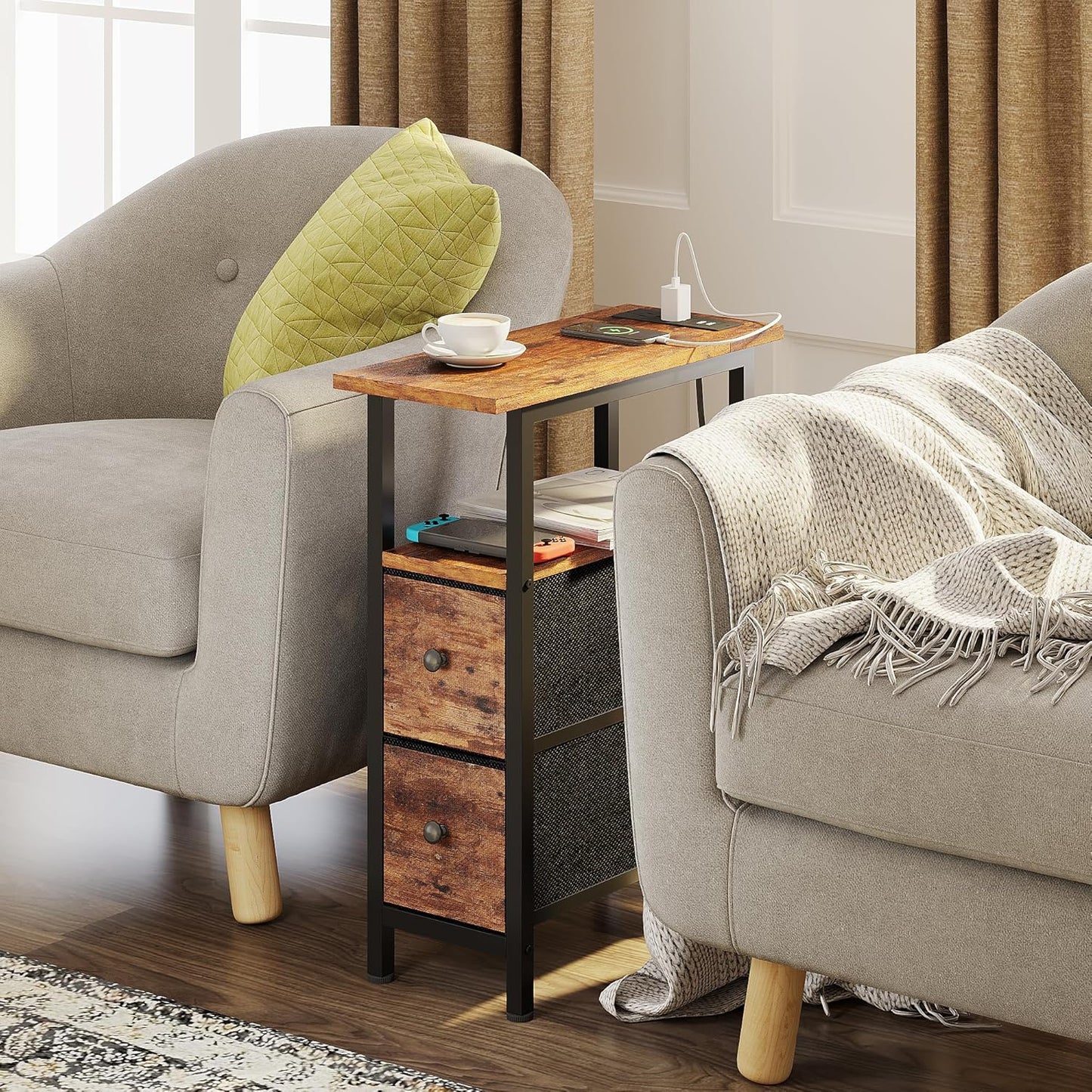 End Table with Charging Station, Narrow Side Table with 2 Fabric Drawers, Skinny Nightstand with LED Light, Slim Bedside Table for Bedroom, Living Room, Small Spaces, Rustic Brown