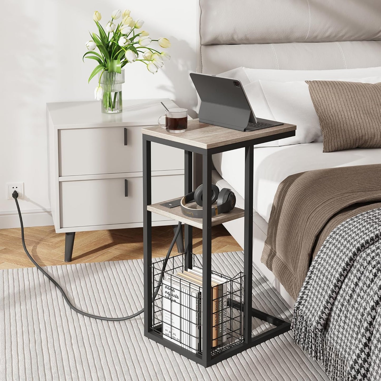 Vagusicc C Shaped End Table with Charging Station, Side Table for Couch, Small Side End Table for Small Spaces, 28" High Slide Under Sofa Table for Coffee, Tv Tray Table for Living Room, Greige