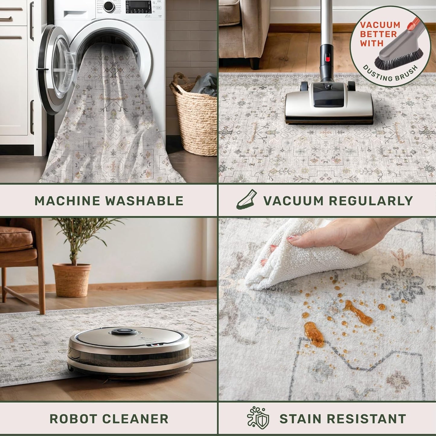 Boho Light Grey Living Room Rug 9x12 - Modern Vintage Eclectic Floral Pastel Neutral Taupe, Washable Low Pile Non-Slip Extra Large Area Rugs for Dining Under Table Bedroom