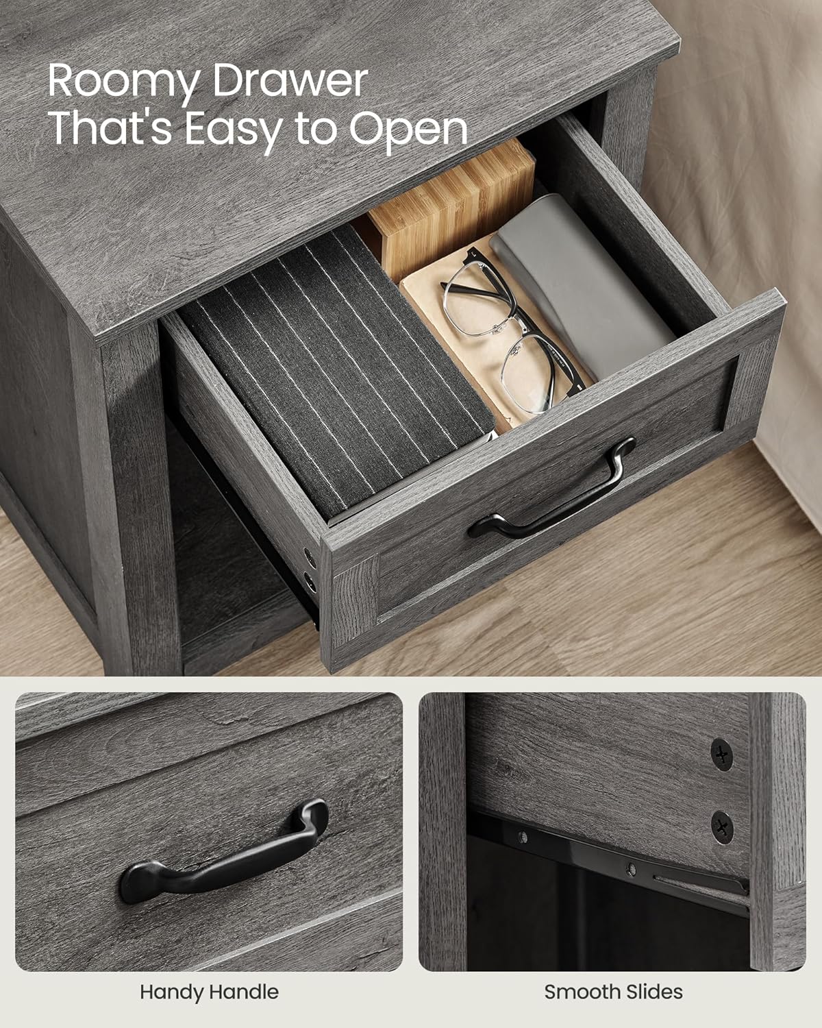 VASAGLE LIRY Collection - Farmhouse Nightstand with Charging Station, Bedside Table, Side Table with Drawer, Open Compartment, for Bedroom, Misty Gray ULET659G68