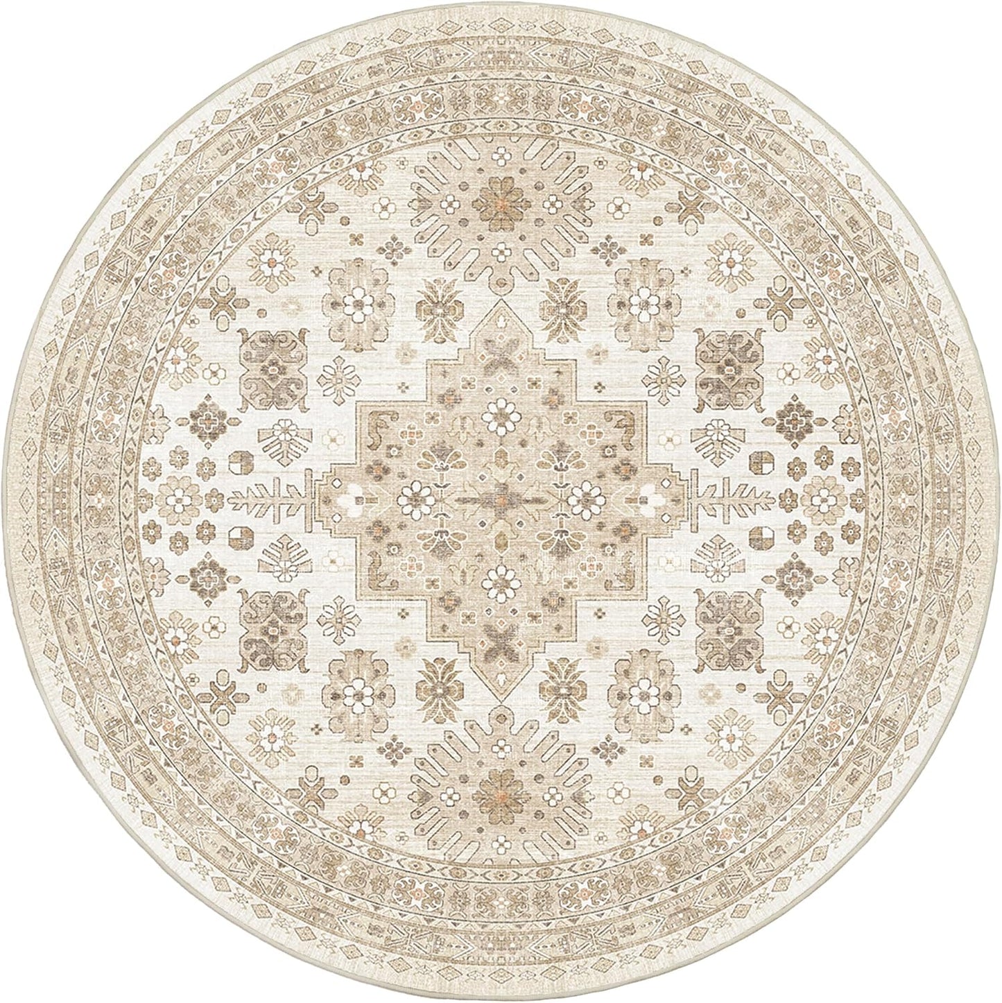 zesthome 8ft Round Rugs for Living Room, Non-Slip Washable Round Area Rugs, Ultra-Thin Large Circle Rugs, Soft Low Pile Rug for Bedroom, Kitchen - Vintage Stain Resistant Round Rug (Cream/Beige,8'x8')