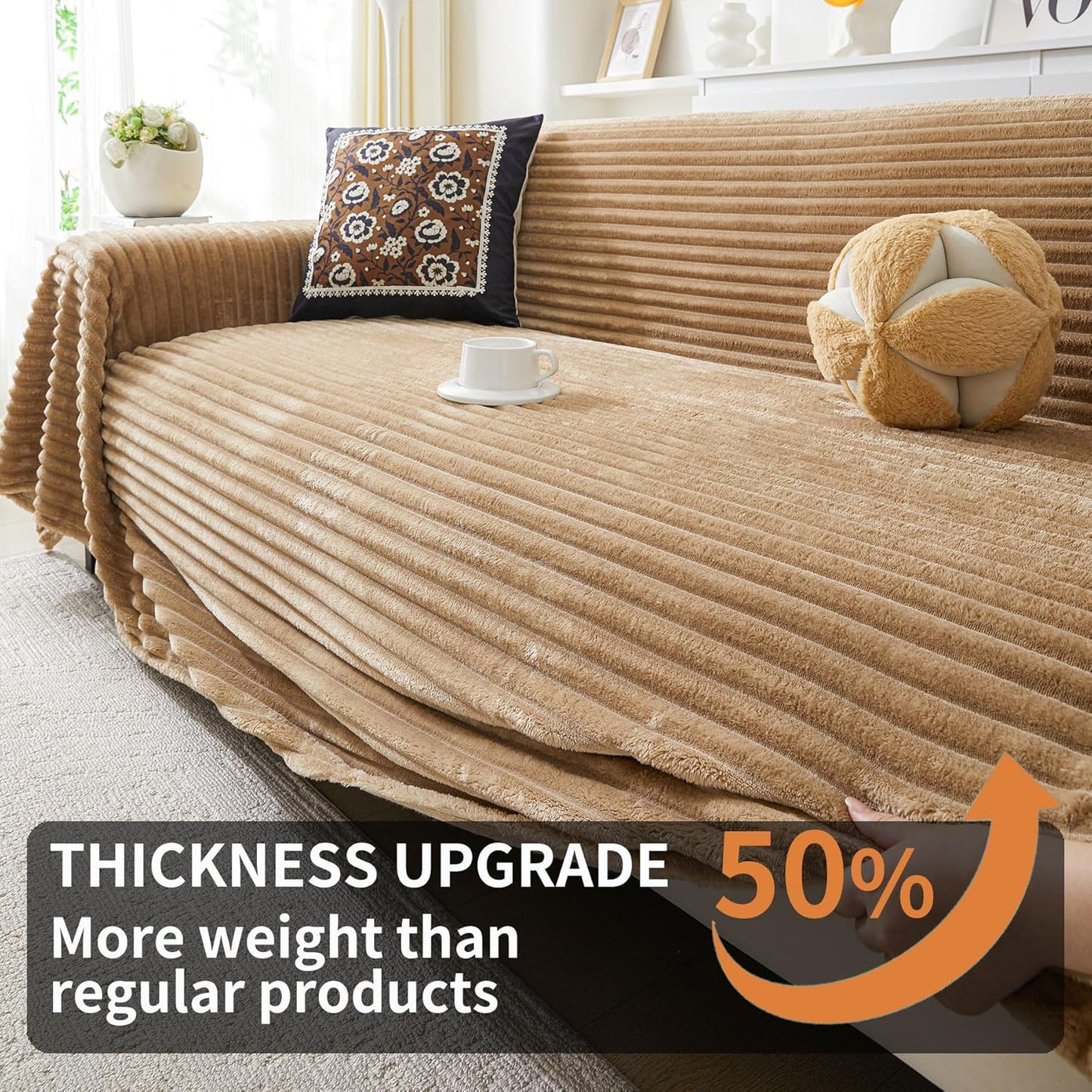 HAOMAIJIA Faux Fur Sofa Covers Couch Covers for 3 Cushion Couch Sofa Pet Friendly Soft Non Slip Couch Cover for Dogs Washable Sectional Couch Covers L Shape Furniture Protector (Khaki, 91"x150")