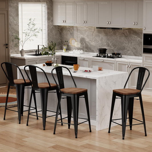 Changjie Furniture 24 Inches Metal Barstools Set of 4 Counter Height Bar Stools Industrial Stools with Backs High Back Chairs for Kitchen Island (24 Inch, Black)