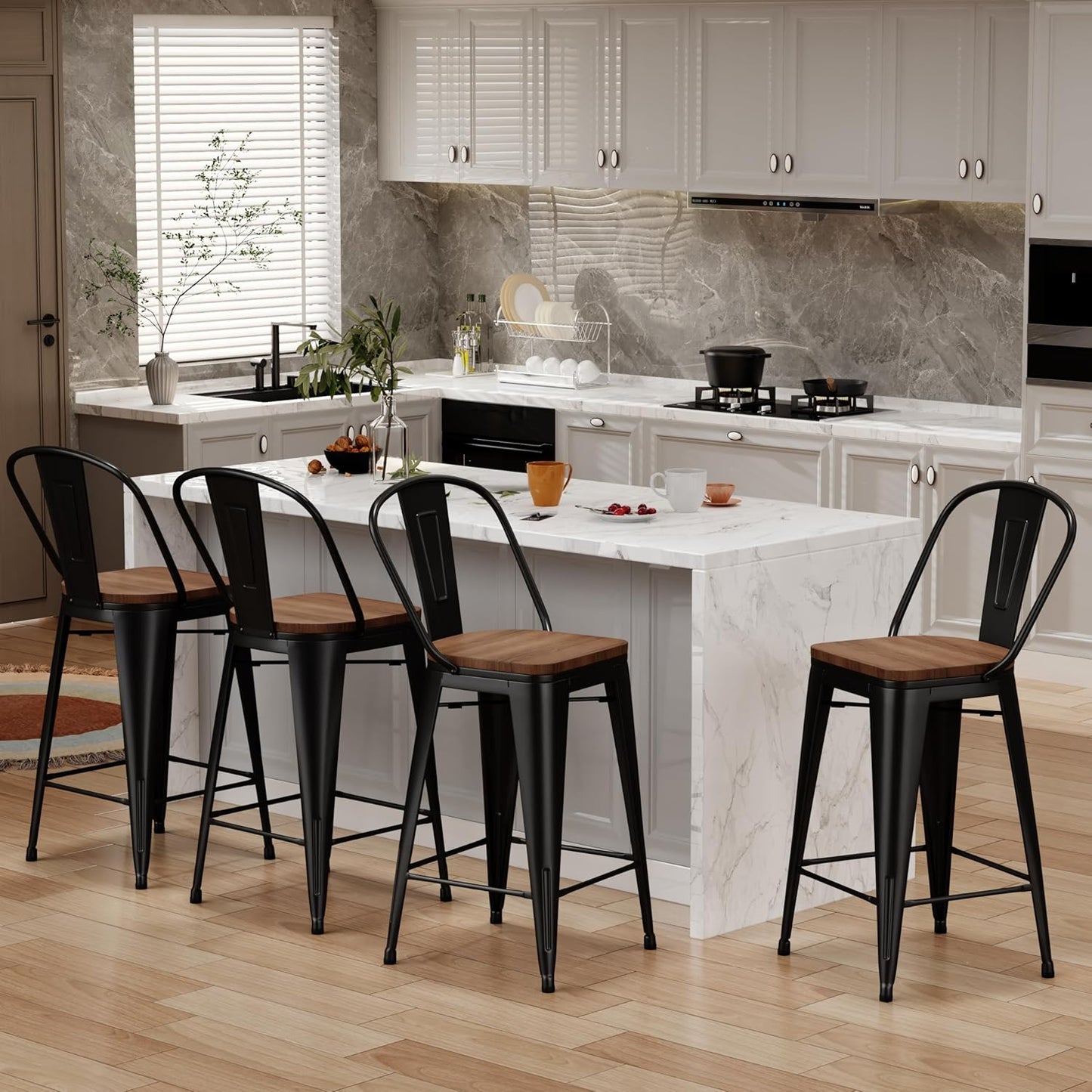 Changjie Furniture 30 Inches Metal Barstools Set of 4 Counter Height Bar Stools Industrial Stools with Backs High Back Chairs for Kitchen Island (30 Inch, Black)