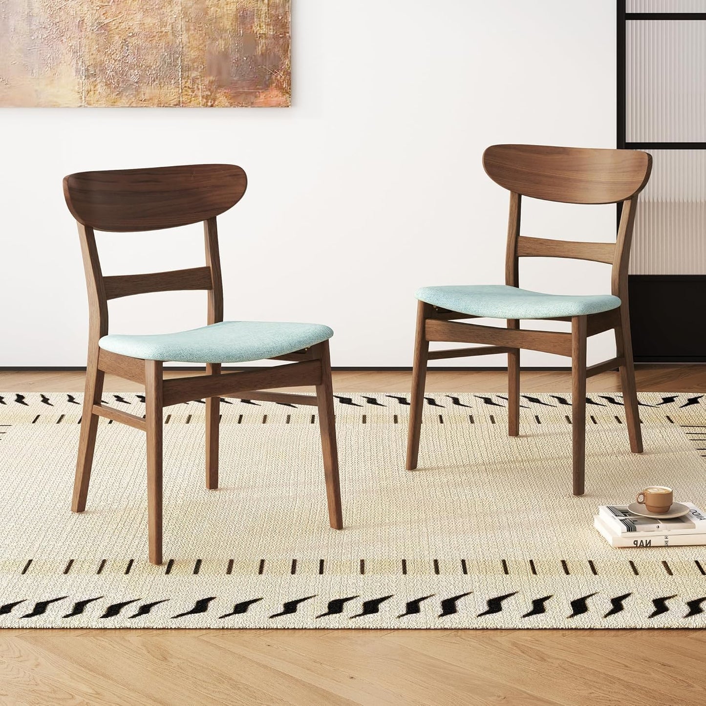 Set of 2 Solid Wood Dining Chairs, Fabric Upholstered Seat Mid-Century Modern Kitchen Furniture for Living Room, Mint+Walnut