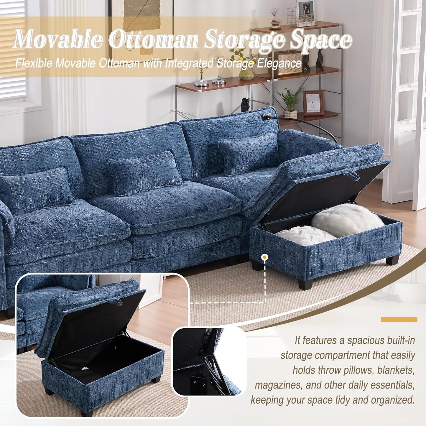 Ball & Cast Modular Sectional Sofa,L Shaped Couch with Movable Storage Ottoman,Chenille Upholstered Sofa W/USB Charging Port,Phone Holder and Side Pocket,for Living Room,Apartment,Navy,109"
