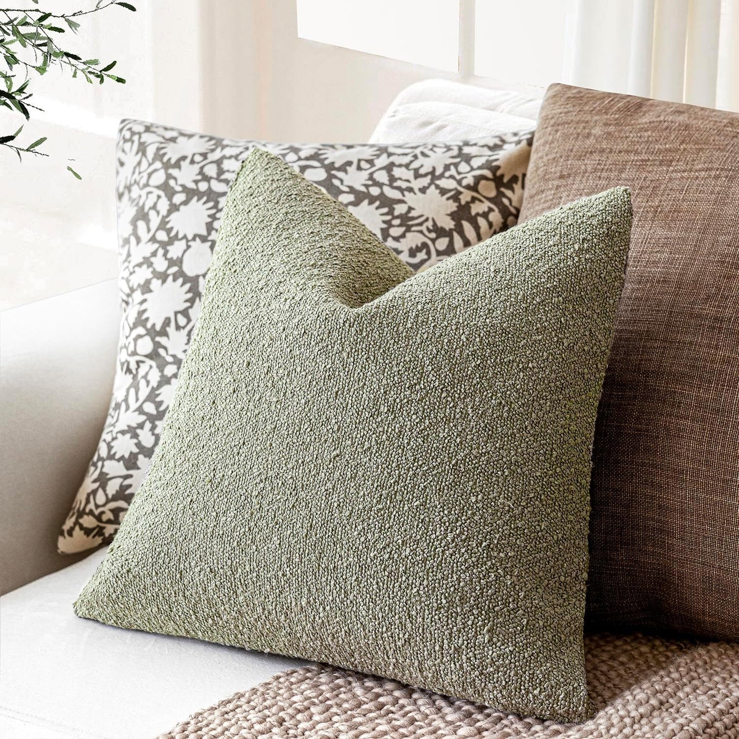 Foindtower Pack of 2, Decorative Textured Boucle Throw Pillow Covers Accent Solid Pillow Cases Cozy Soft Couch Cushion Case for Chair Sofa Bedroom Living Room Home Decor 22x22 Inch Dirty Sage Green