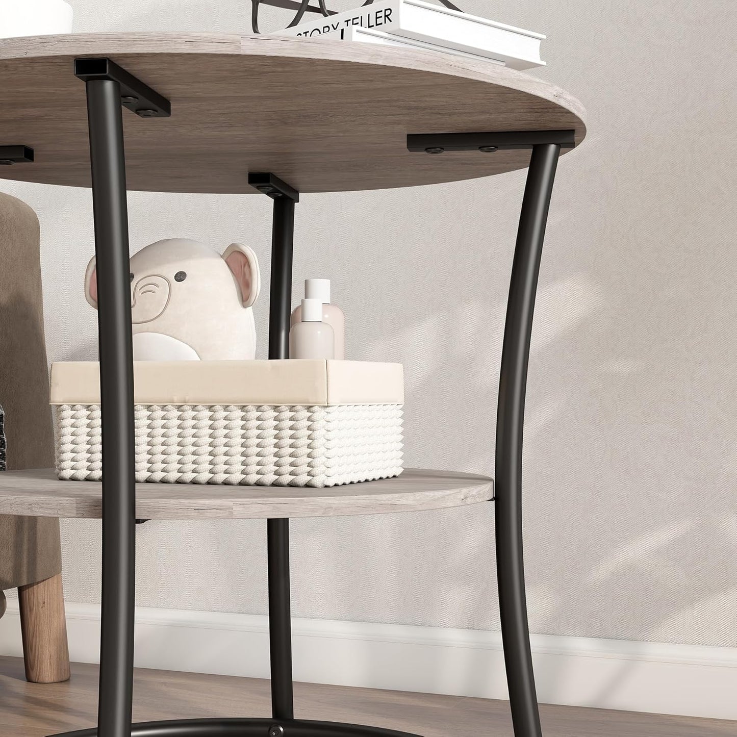 BOFENG Round Coffee Table Side Table,Round End Table with 2 Storage Shelves for Living Room, Bedroom,Small Space,Coffee Table Nightstand with Sturdy Metal Frame,Easy Assembly,Black+Grey