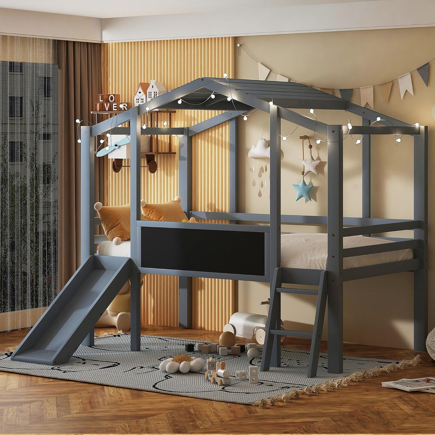Ball & Cast Twin Size House Loft Bed with Ladder and Slide,Wood Bunkbed w/Blackboard and Light Strip on The Roof,Slat Support,Space Saving,Bedroom Furniture for Student Dorms,Gray