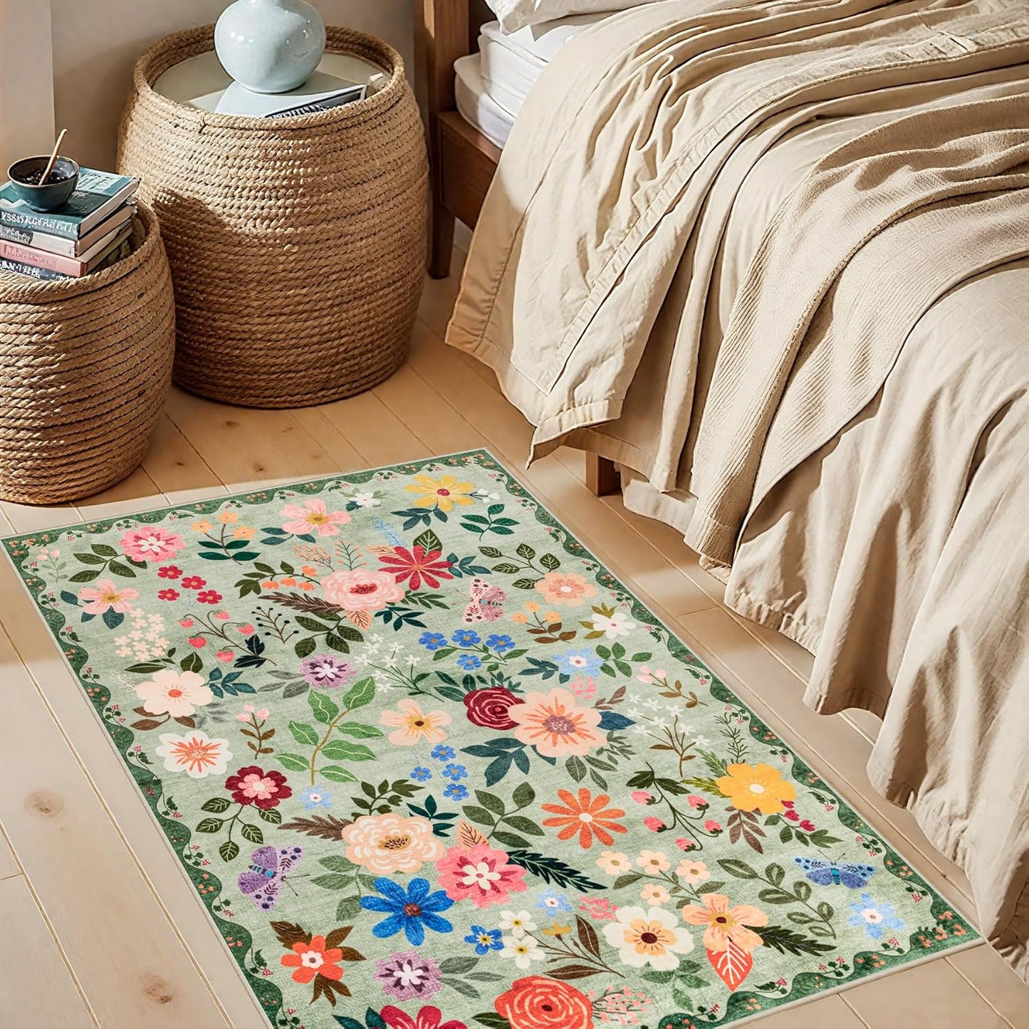Entryway Rug 2X3 Small Rugs: Floral Washable Door Mat Vintage Soft Low Pile Non-Slip Kitchen Rugs Stain Resistant Indoor Throw Rug for Entrance, Bedroom, Kitchen, Laundry, Bathroom Green