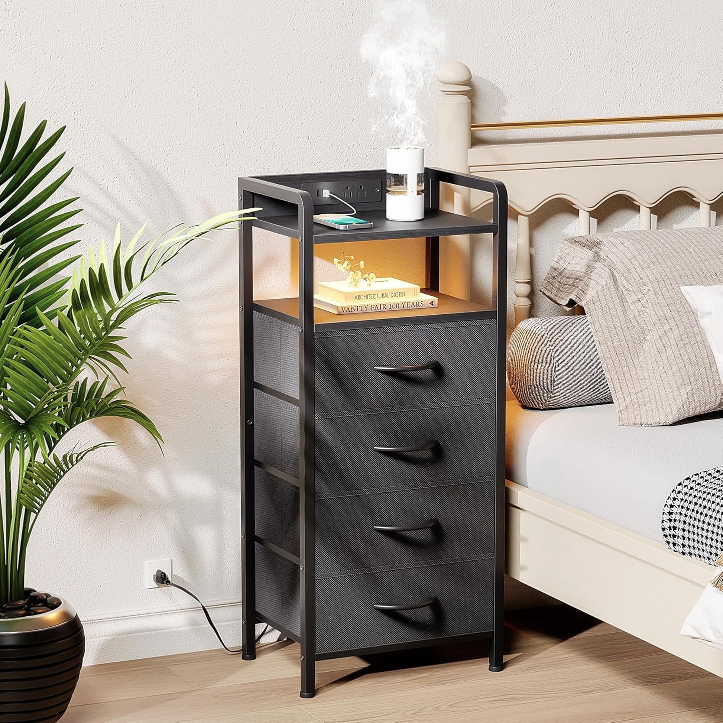 Night Stand Bedside Table Bedroom - Tall Nightstand with Charging Station & LED Light Strip, Bed Side Table with Storage Shelf & 4 Fabric Drawers, 2 U-S-B Ports & 2 AC Outlets