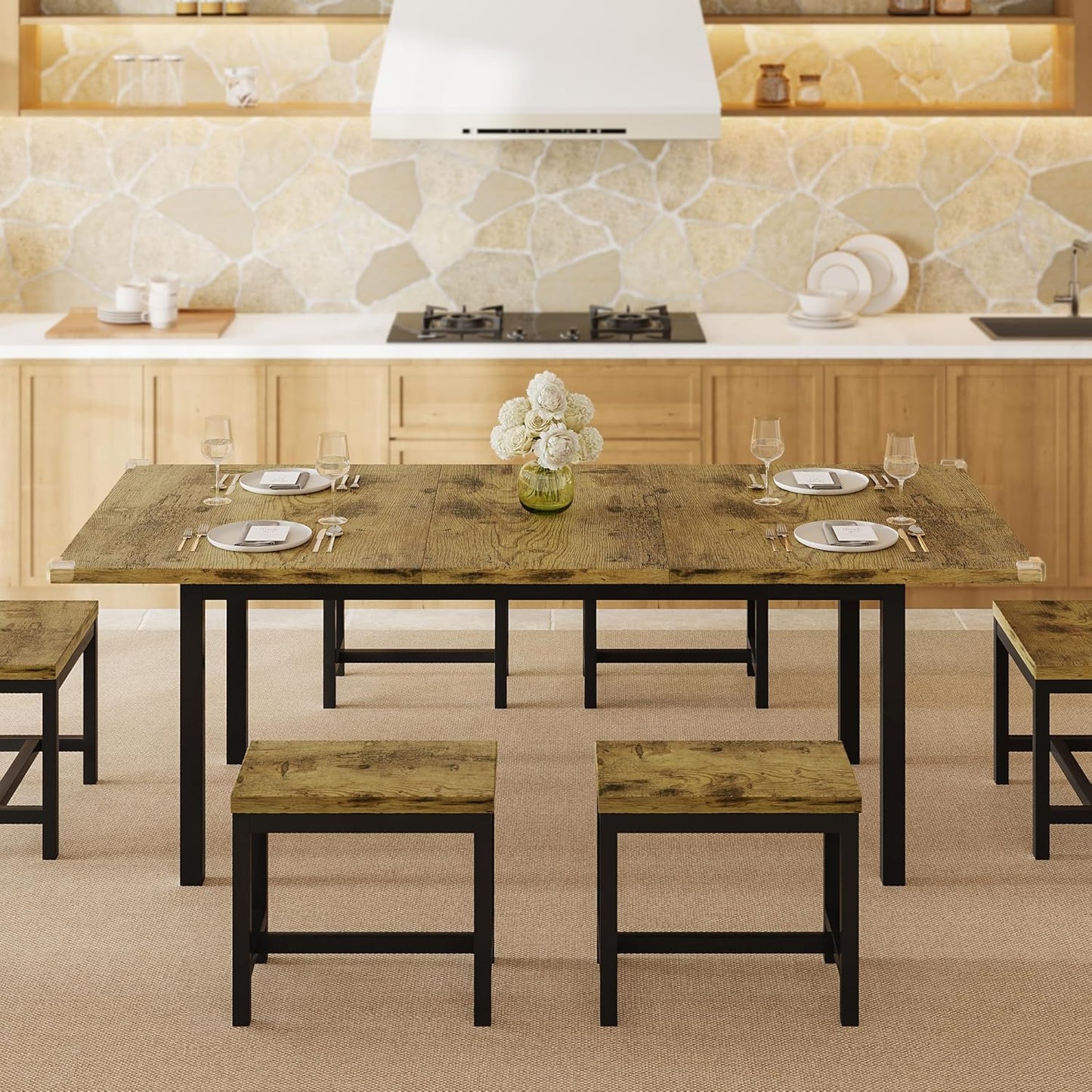 7-Piece Dining Table Set, 63" Extendable Kitchen Room Table with 6 Stools, Mid Century Modern Dinner Table with Metal Frame & MDF Board, Space-Saving, Easy Assembly, Rustic Brown