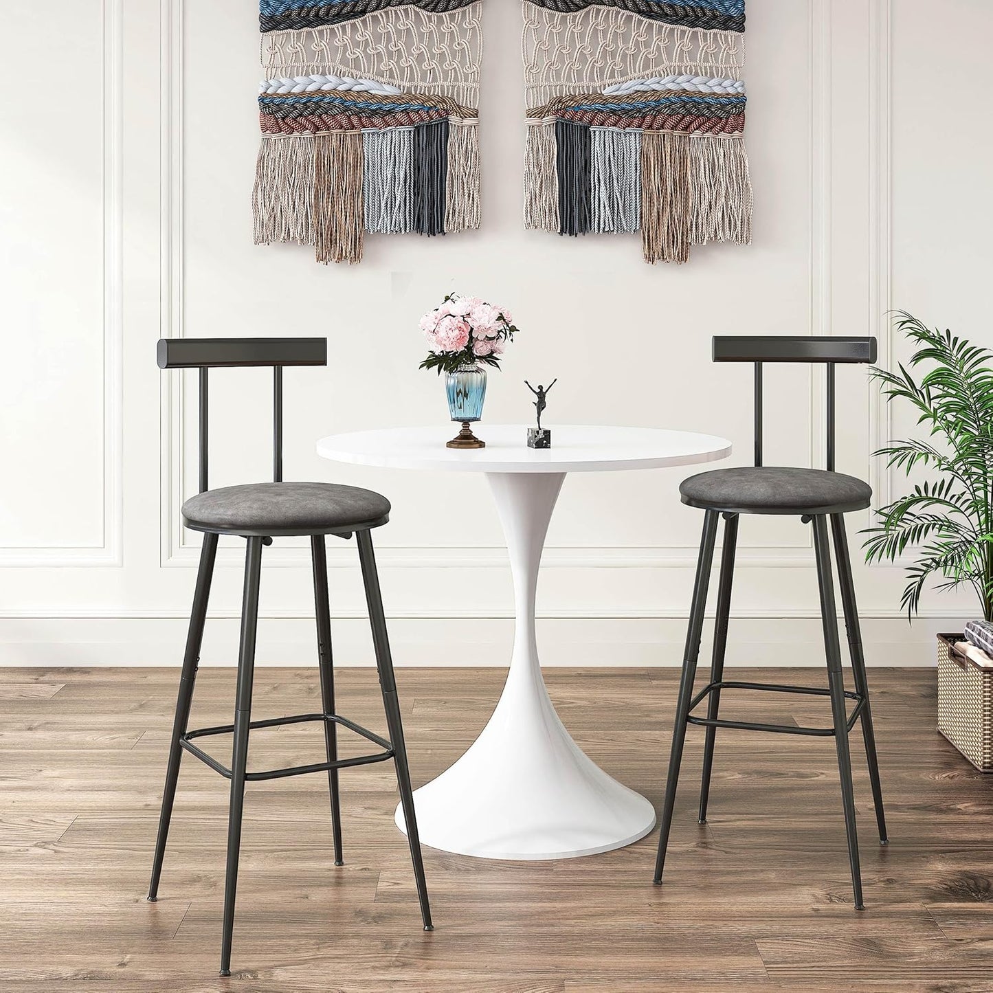 Bar Stools, Set of 2 High Kitchen Barstools, Bar Chairs with Backrest and Footrest, Industrial Counter Stools with PU Soft seat, for Kitchen, Living Room, Pub, Grey BS-013GR