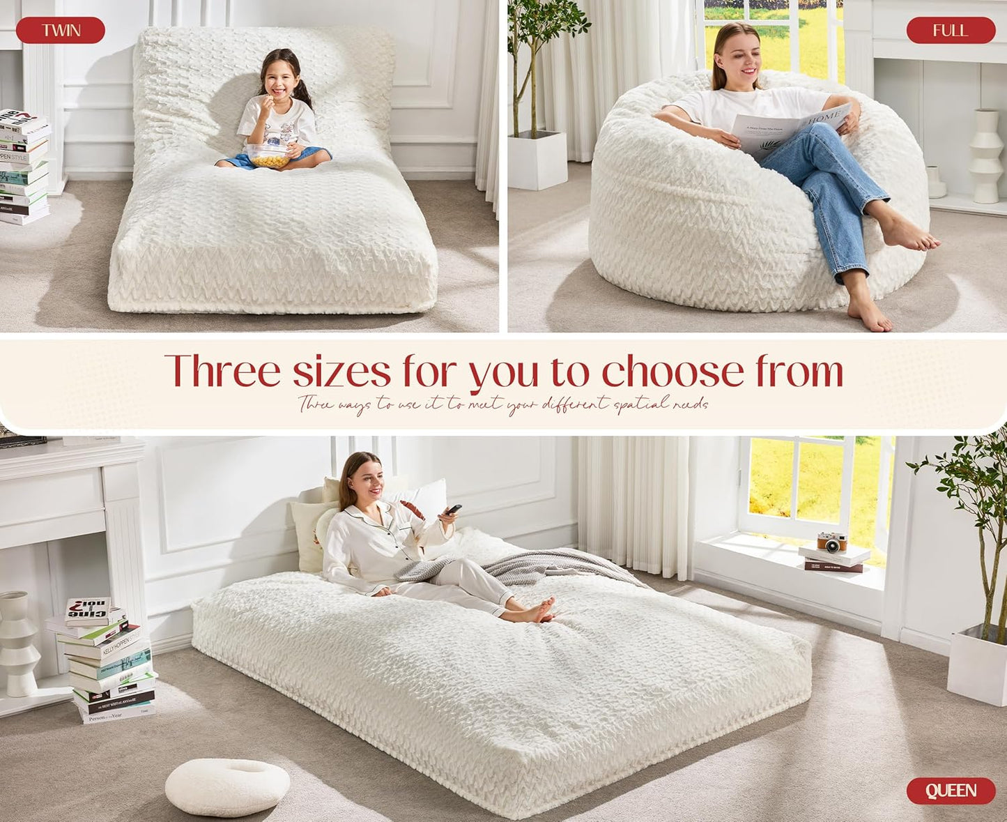 Hobestluk Bean Bag Chair Convertible Beanbag Chairs for Adults, 3 in 1 Bean Bags with Plush Chevron Cover, Adult Bean Bag Chair for Living Room, Bedroom (White, Twin)