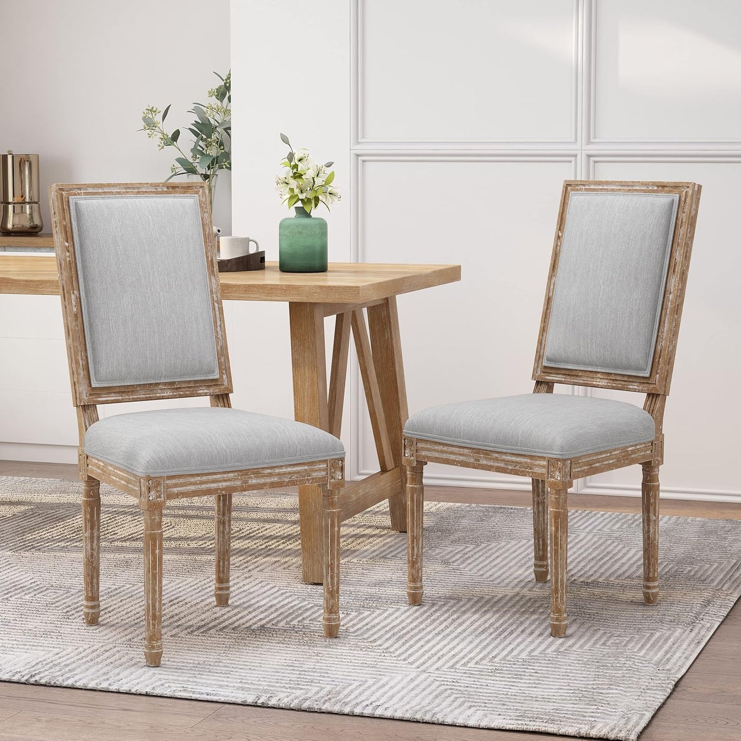 Christopher Knight Home Regina French Country Dining Chairs Set of 2, Wooden Dining Room Chair, High Back Kitchen Side Chair, Fabric Upholstered Armless Extra Seat, Light Gray and Natural