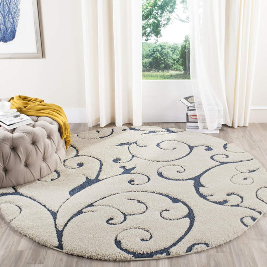 SAFAVIEH Florida Shag Collection Area Rug - 6'7" Round, Cream & Blue, Scroll Design, Non-Shedding & Easy Care, 1.2-inch Thick Ideal for High Traffic Areas in Living Room, Bedroom (SG455-1165)